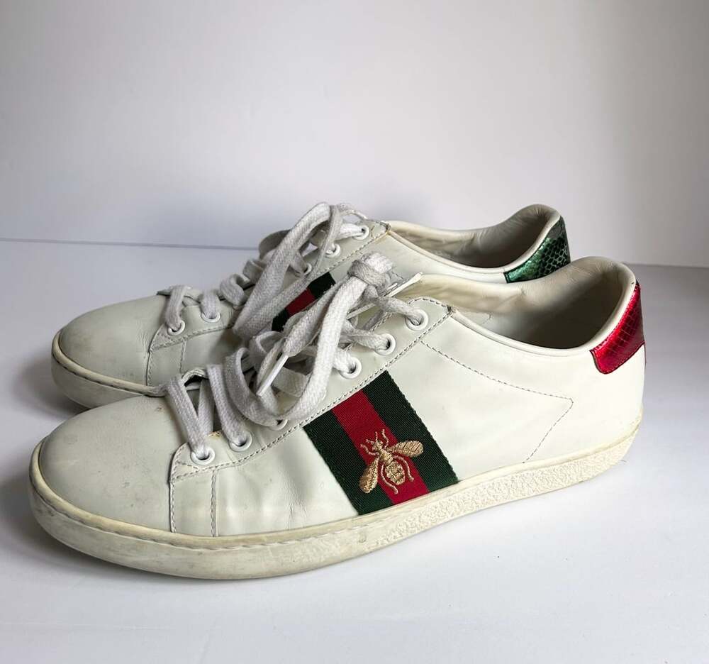 Gucci Ace Embroidered Bee Sneakers with Red and Green Snake-Print Heel Tabs Size